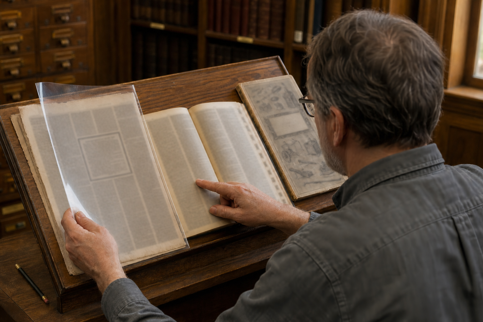 Archive researcher comparing a historic newspaper advertisement with a city directory and trade catalog on a sloped reading stand