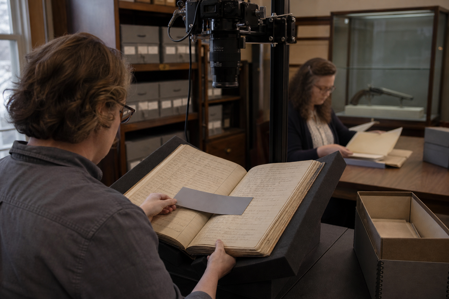 Archivist photographs a historic gunsmith customer ledger on a book cradle while a loose privacy mask covers one line and a historic revolver remains secured behind glass