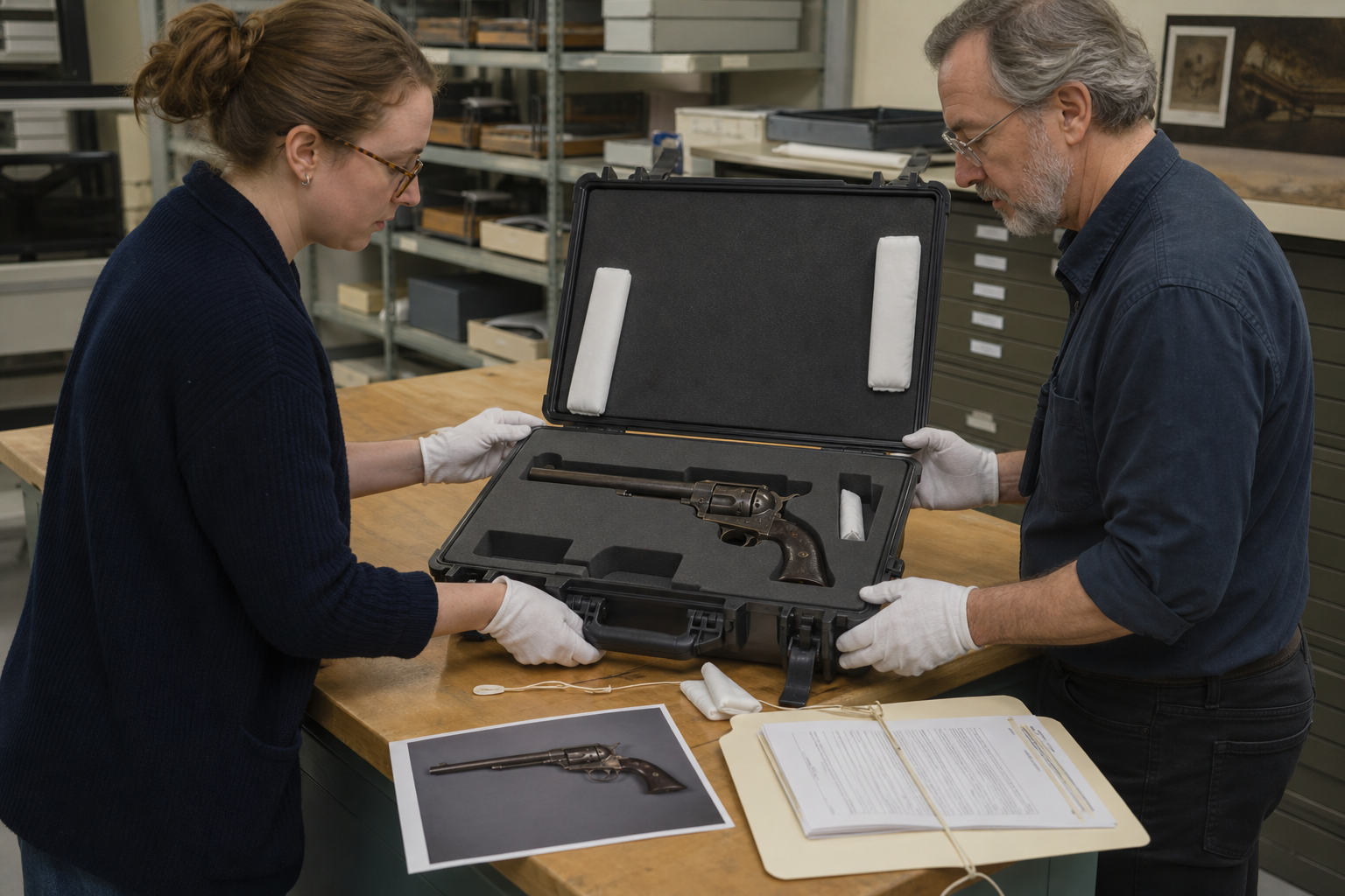 Museum registrar and conservator secure a historic single-action revolver in a fitted transport case beside its condition photograph and loan folder