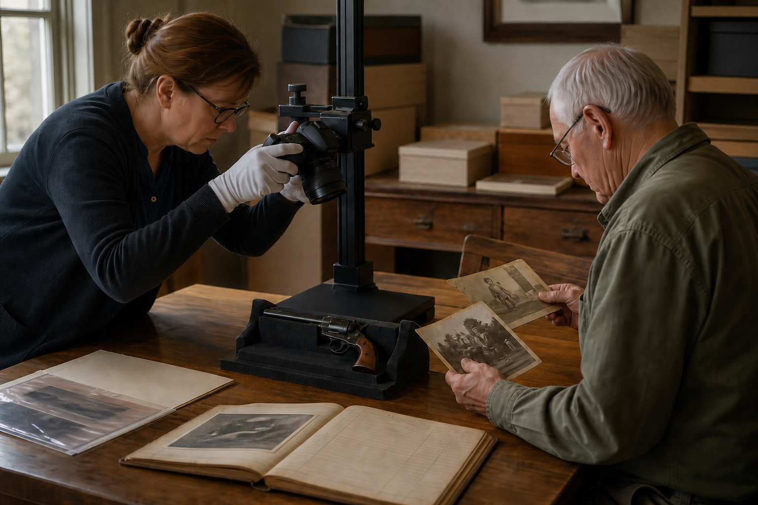 Museum registrar and family custodian documenting a historic single-action revolver on a padded archival cradle