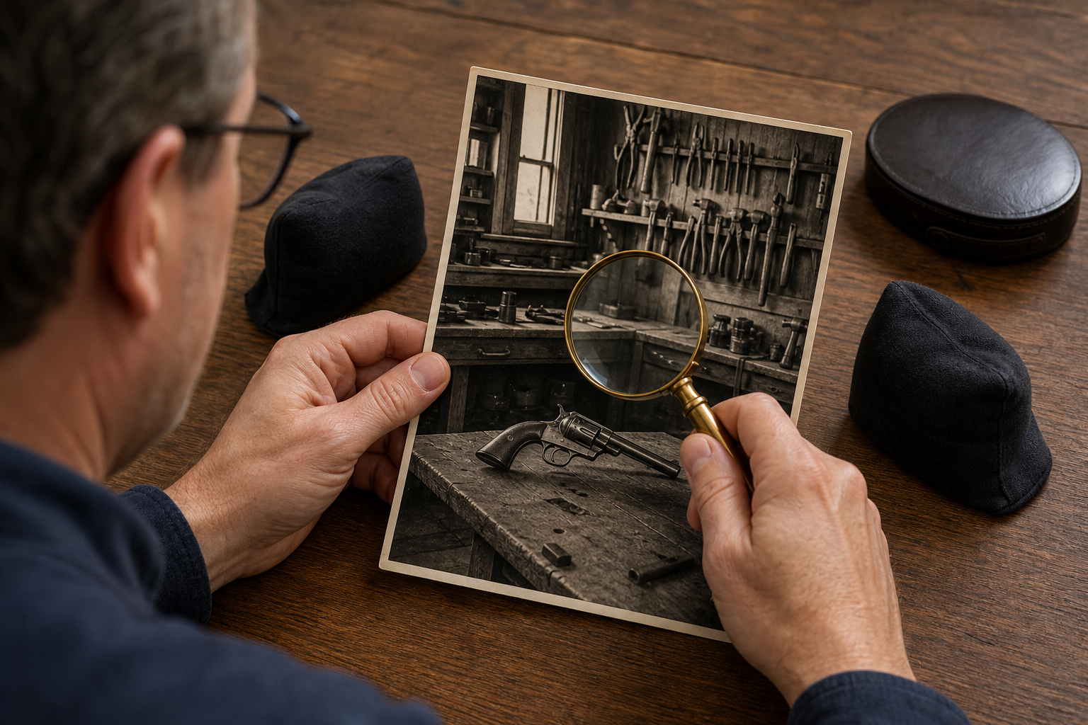 Archive researcher uses a magnifying glass to examine a complete black-and-white photograph of an early American gunsmith workshop